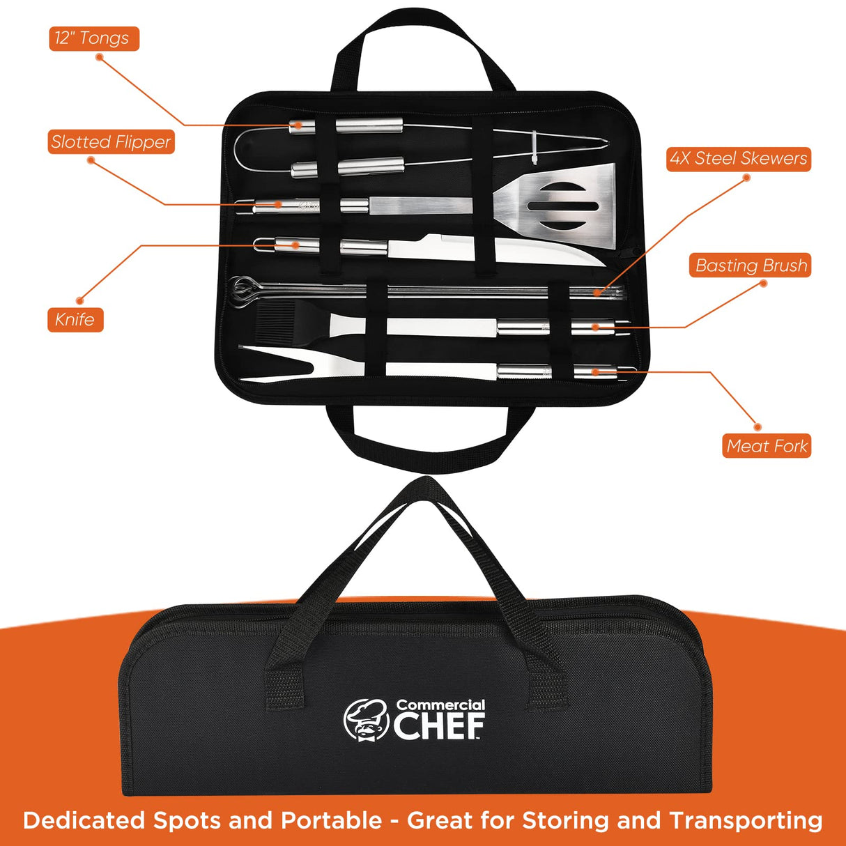 Commercial Chef 10PC BBQ Grill Tool Set – Outdoor Smoker Grilling Accessories, with Carry Bag, Meat Skewers, Spatula, Tongs, Fork, Basting Brush - Gifts for Men Commercial CHEF