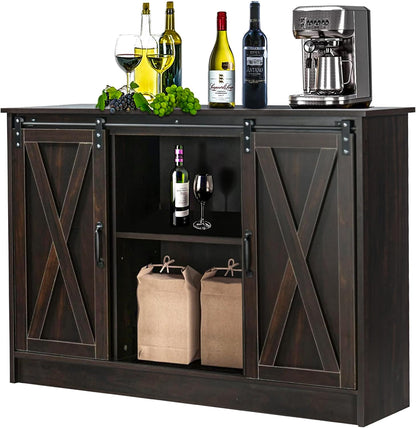 4 EVER WINNER Coffee Bar Cabinet with Storage, 42” Sideboard Buffet Cabinet with Sliding Barn Doors, Farmhouse Coffee Bar Station Table Liquor Wine Bar Cabinet with Shelves for Kitchen, Espresso