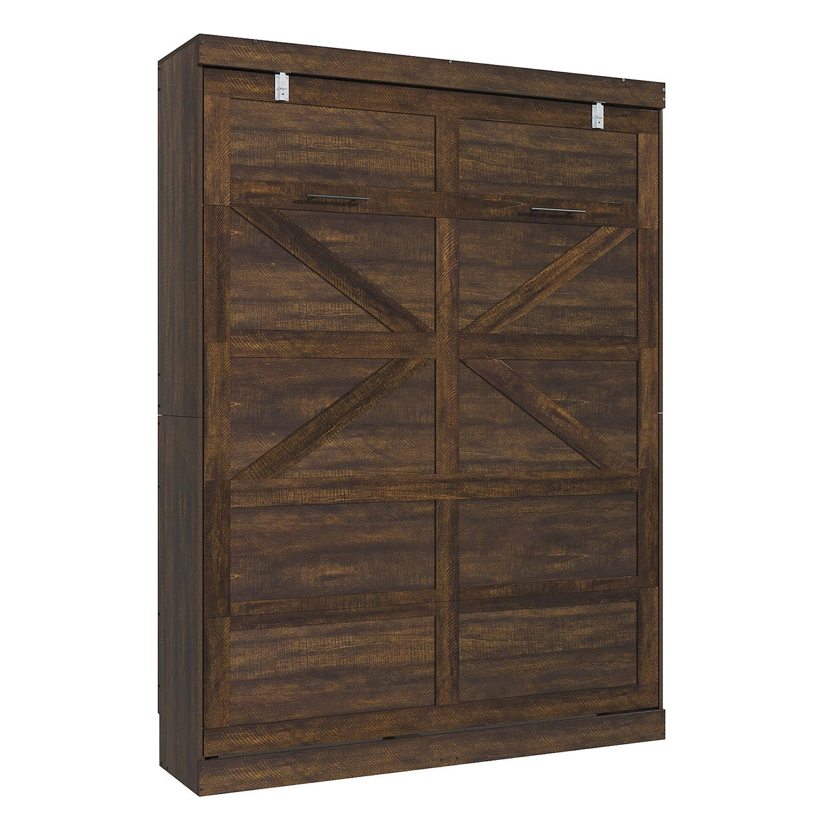 Hlivelood Queen Size Murphy Bed with 2 LED Lights, Farmhouse Wood Hidden Foldable Wall Bed Frame w/Gas Struts, Storage Bed Cabinet for Bedroom, Office, Space-Saving, No Box Spring Needed, Brown Hlivelood