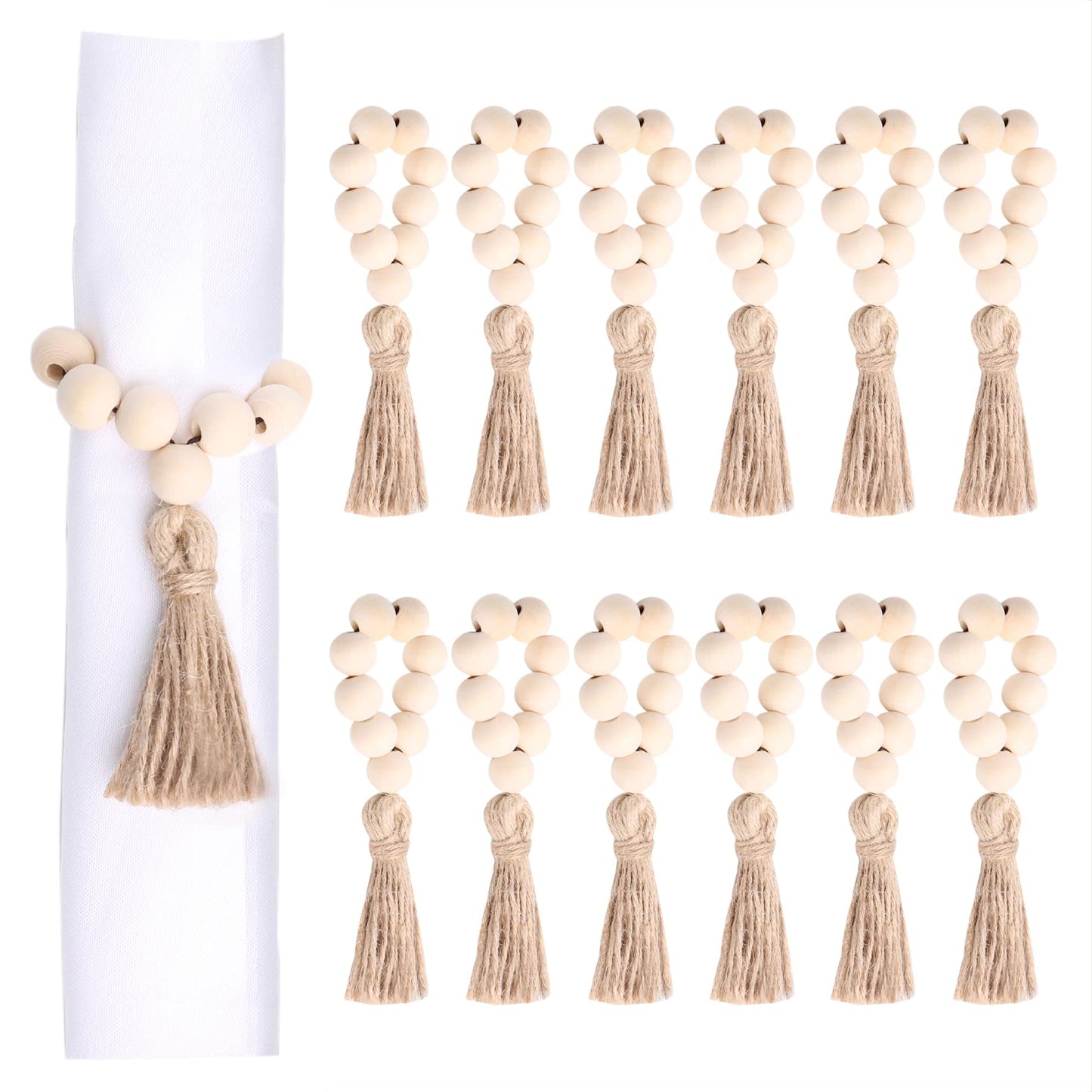 AEKAO Set of 12 Wood Bead Napkin Rings with Jute Rope Tassels for Christmas Farmhouse Wedding Home Dining Table Party Decoration - WoodArtSupply