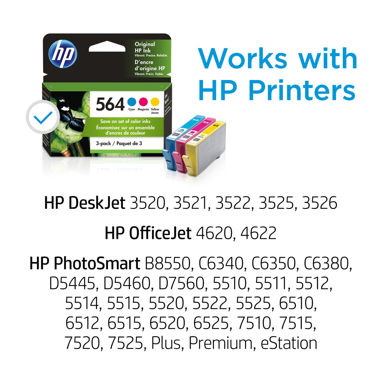 HP 564 Cyan, Magenta, Yellow Ink (3-pack) | Works with DeskJet 3500; OfficeJet 4620; PhotoSmart B8550, C6300, D5400, D7560, 5500, 6510, 6520, 7500, Plus, Premium, eStation Series | N9H57FN HP