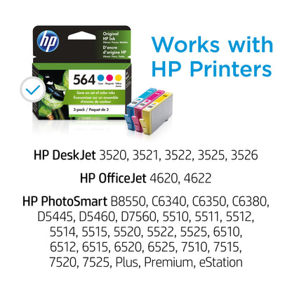 HP 564 Cyan, Magenta, Yellow Ink (3-pack) | Works with DeskJet 3500; OfficeJet 4620; PhotoSmart B8550, C6300, D5400, D7560, 5500, 6510, 6520, 7500, Plus, Premium, eStation Series | N9H57FN