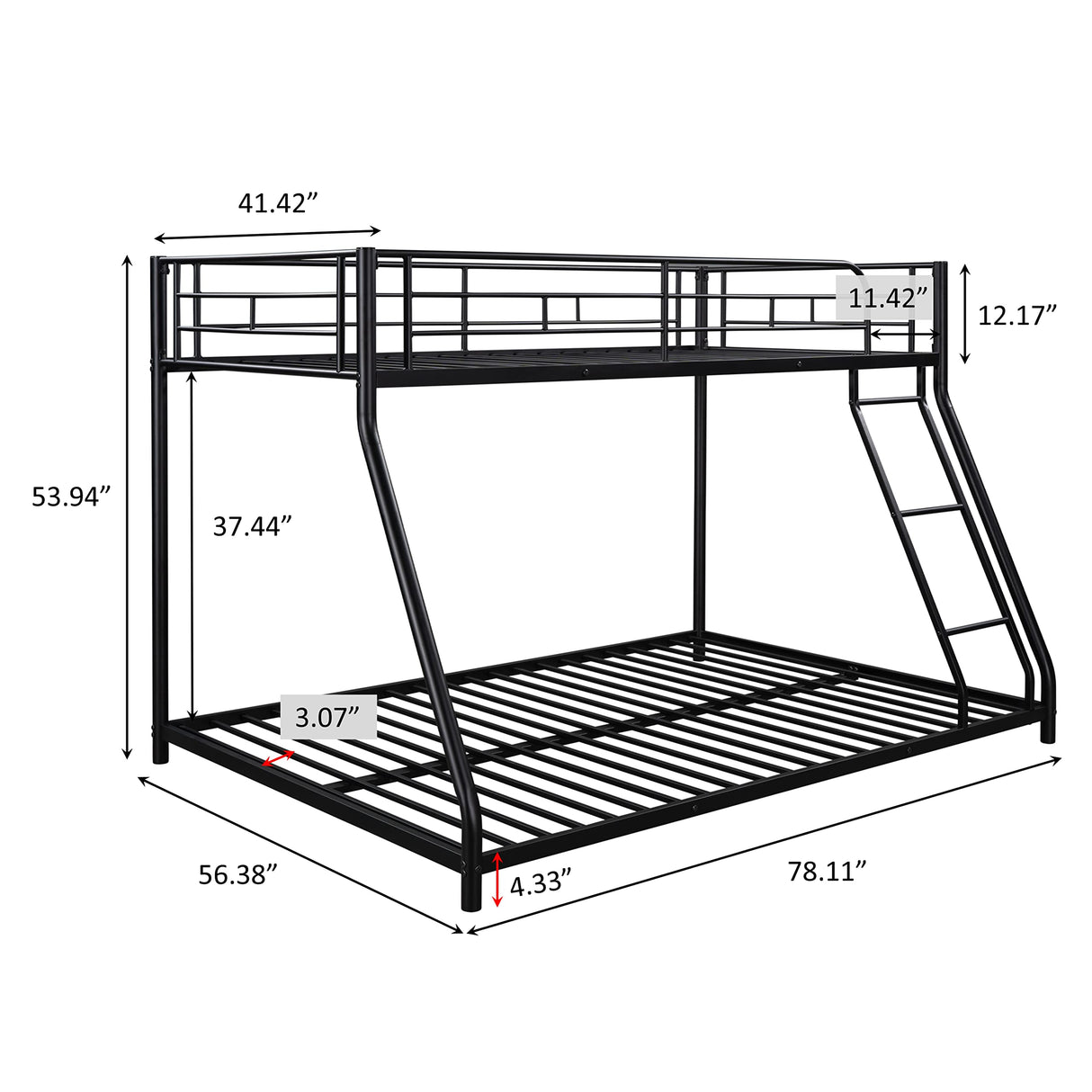 Majnesvon Metal Floor Bunk Bed, Twin Over Full Low Bunk Bed, Heavy Duty Frame with Sloping Ladder and Safety Guardrails for Teens Adults, No Box Spring Needed,Easy Assembly (Black) Majnesvon