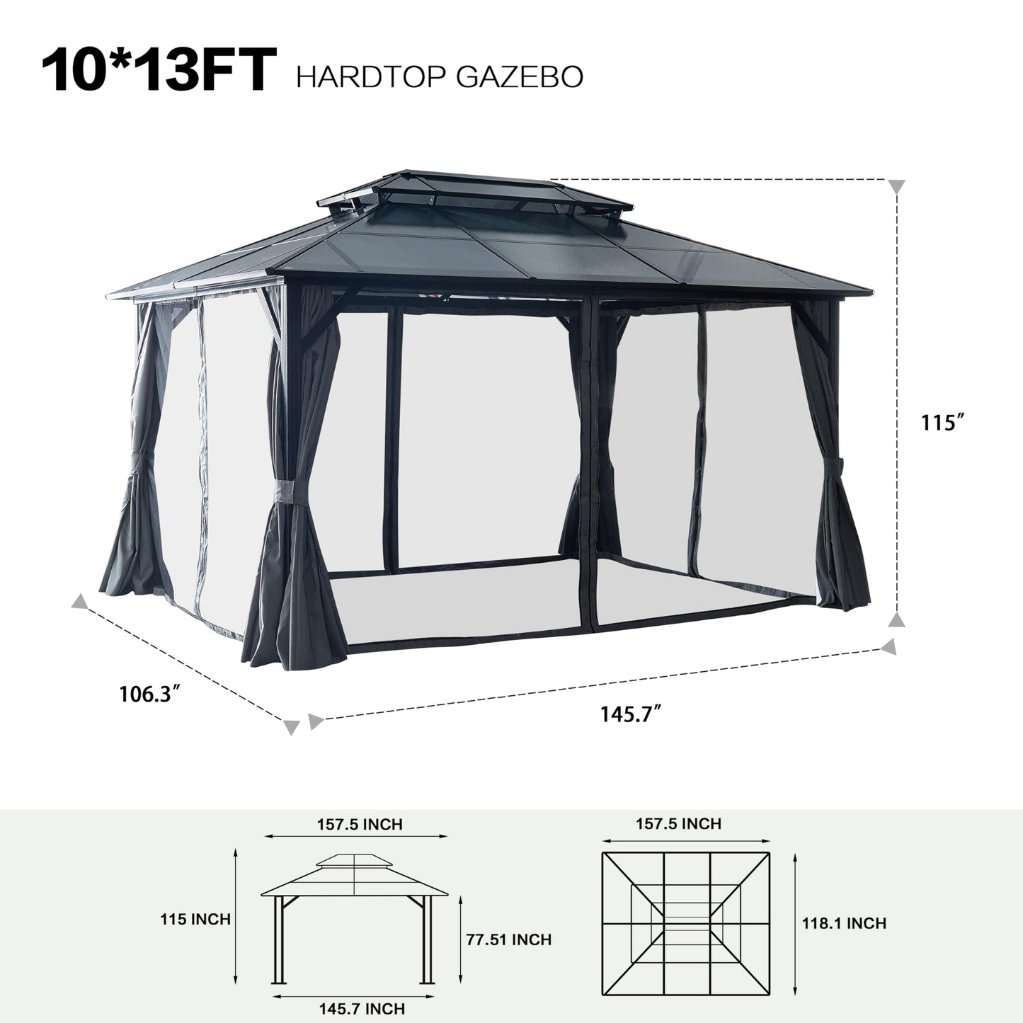 10'x13' Hardtop Metal Gazebo with Nettings and Curtains, Outdoor Heavy Duty Aluminum Frame and Polycarbonate Double Roof Permanent Gazebo, for Patios, Gardens, Lawns, Backyard