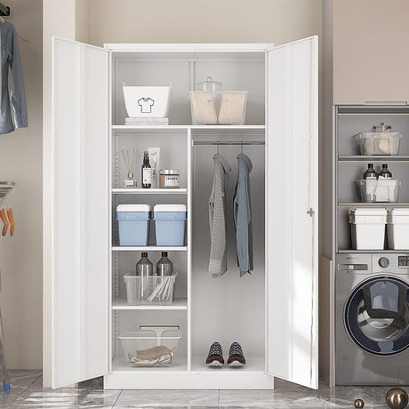Yizosh Metal Armoire Wardrobe Closet Cabinet for Hanging Clothes with Lock Doors, -72" Steel Lockable Wardrobe Storage Locker Clothes Organizer for Bedroom, Laundry Room (White) Yizosh