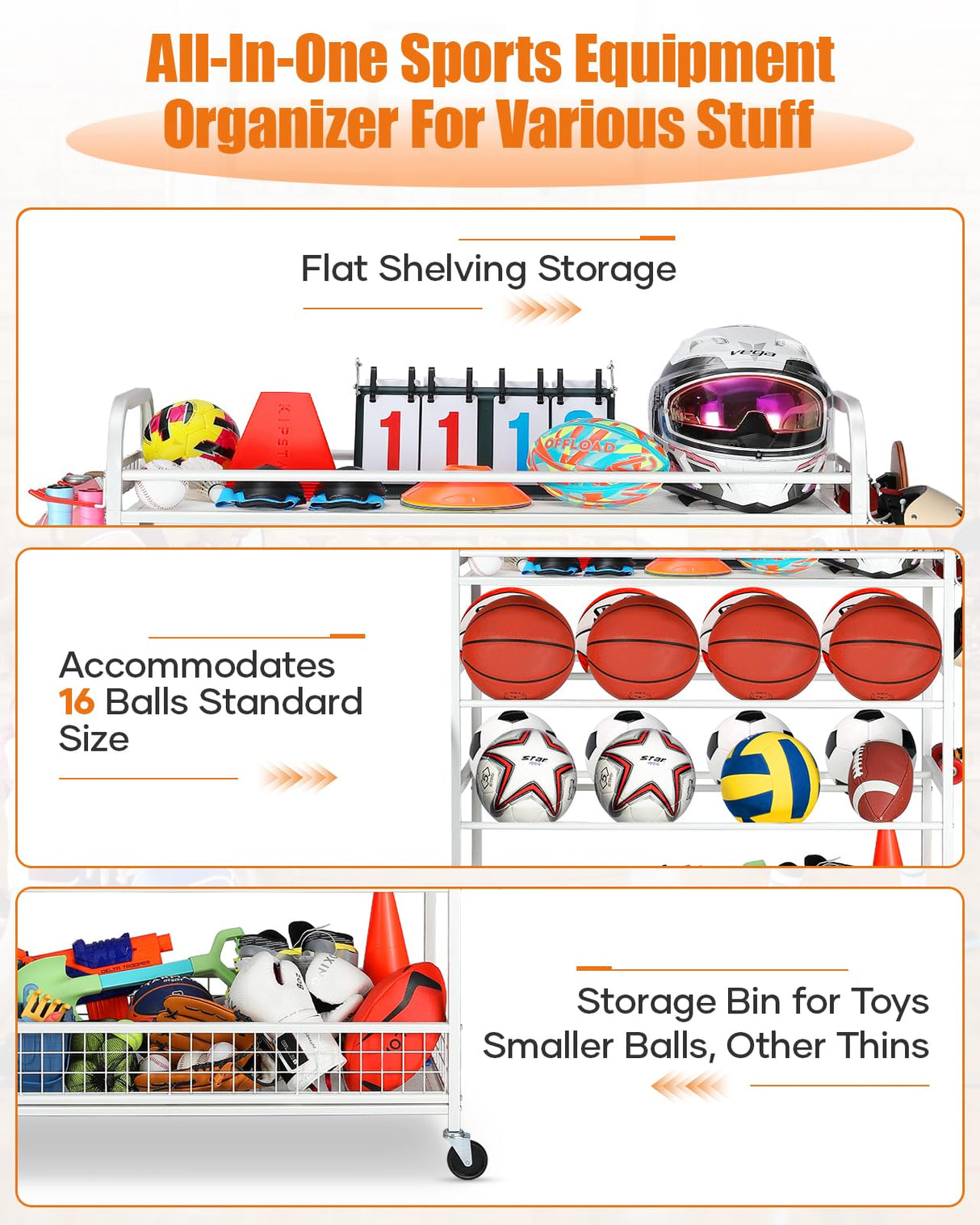 EXTCCT Garage Sports Equipment Organizer - Rolling Ball Storage Bin with Wheels, Garage Sports Gear Rack Outdoor Basketball Racks for Balls with Baseball Bat Holder and Hooks, Toy Organizer(White) EXTCCT