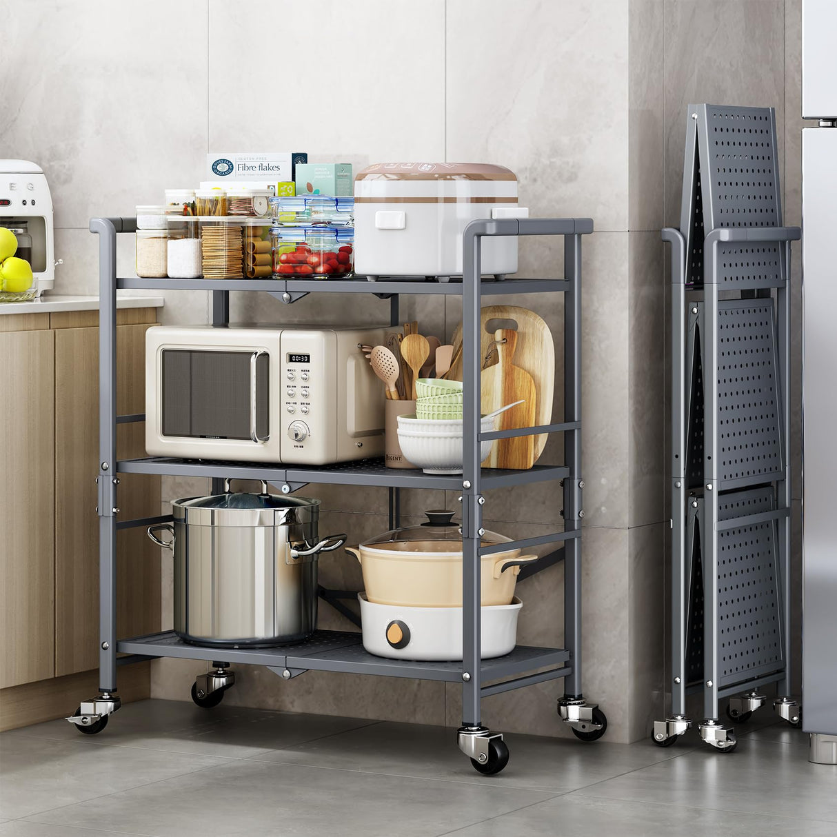 3 Tier Rolling Utility Foldable Cart - Metal Folding Cart with Wheels, Collapsible Service Cart Storage Shelf Rack for Kitchen Office Garage Plant Outdoor cart, Gray SAYZH