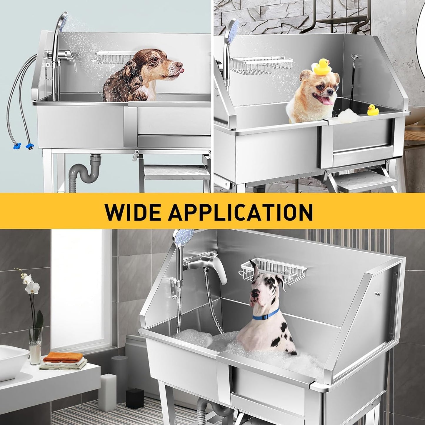 34 inch Dog Grooming Tub Station, Professional Dog Washing Station Stainless Steel Wash Shower Sink for Small Dogs with Walk-in Ramp,Sliding Door, Faucet Removable Pet Wash Station Bathtub(Right Door)