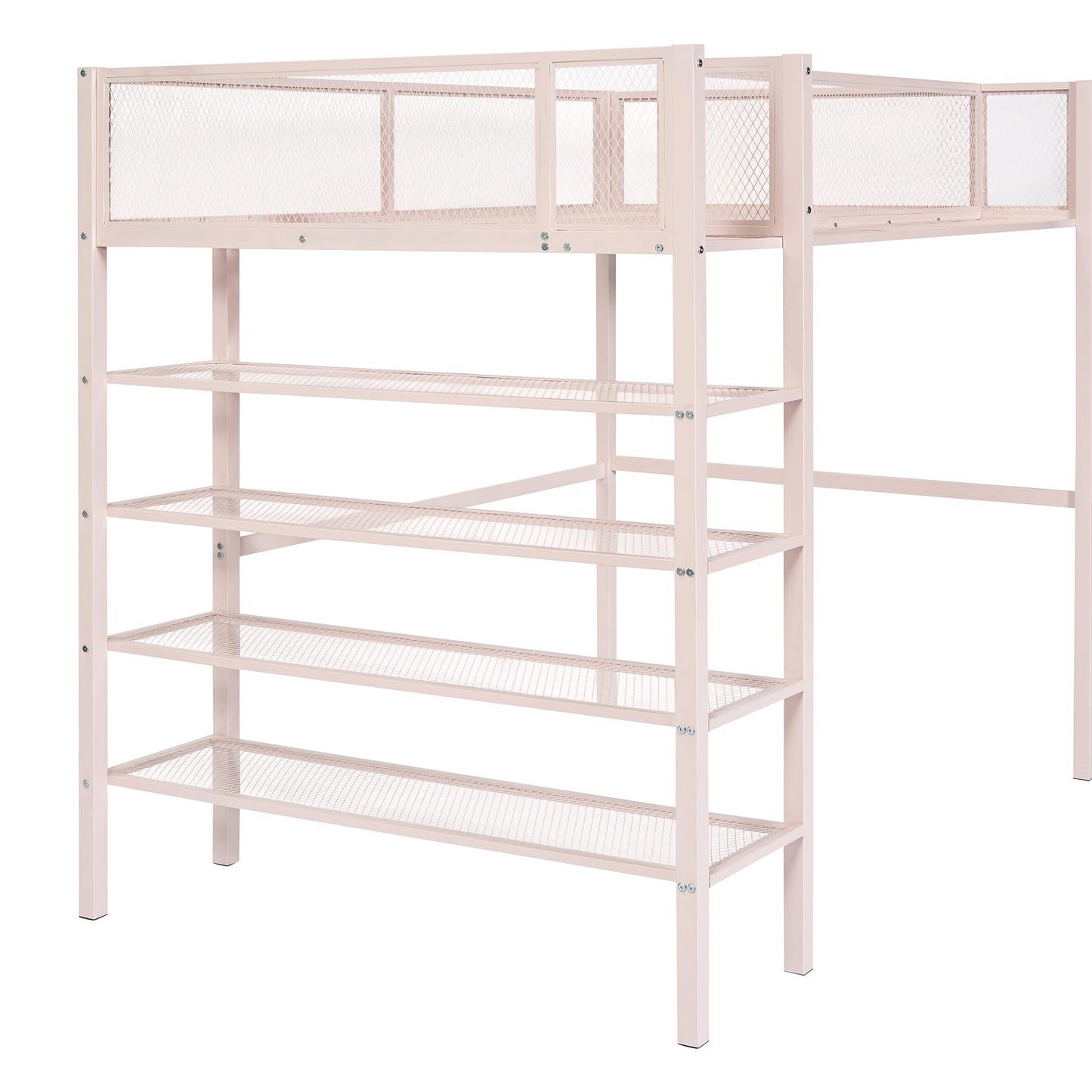 Harper & Bright Designs Twin Size Metal Loft Bed with Storage and 4-Tier Shelves, Modern Heavy-Duty Steel Frame, for Kids Teens Adults, Pink