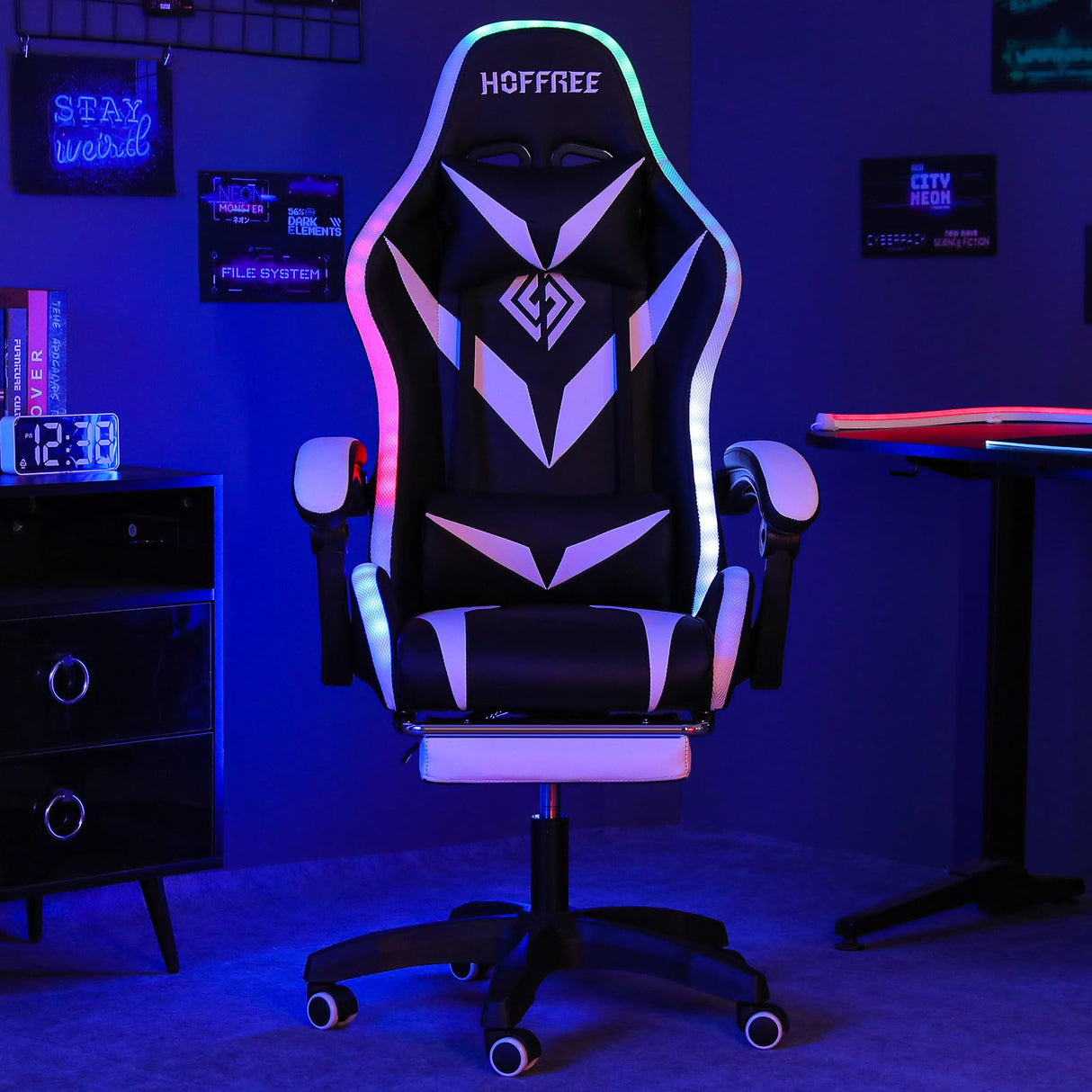 HOFFREE Gaming Chair with Massage and LED Lights Ergonomic Video Game Chairs with Footrest High Back Reclining Computer Chair with Adjustable Lumbar Support White and Black HOFFREE
