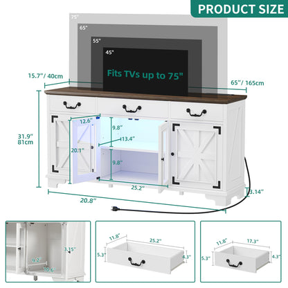 YITAHOME Buffet Sideboard Cabinet with Power Outlets & LED Light, 65" Large Farmhouse Credenza Storage Cabinet w/3 Drawers and Glass Doors, 32'' Tall Buffet Table for Kitchen, Living Room, White/Brown