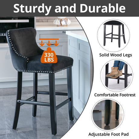 i-POOK Counter Height Bar Stools Set of 2, Velvet Upholstered Barstools with Solid Wood Legs, Button Tufted and Nailheads Trim, Wing-Back Bar Chairs for Kitchen Island Dining Room Pub, Black i-POOK