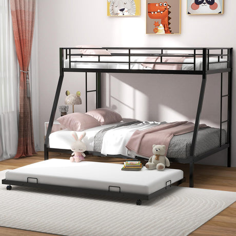KOMFOTT Twin Over Full Bunk Bed with Trundle, Heavy-Duty Metal Bunk Bed Frame with Guardrail & 2 Ladders, Space-Saving Bunk Bed for Kids/Teens/Adults, No Box Spring Needed KOMFOTT