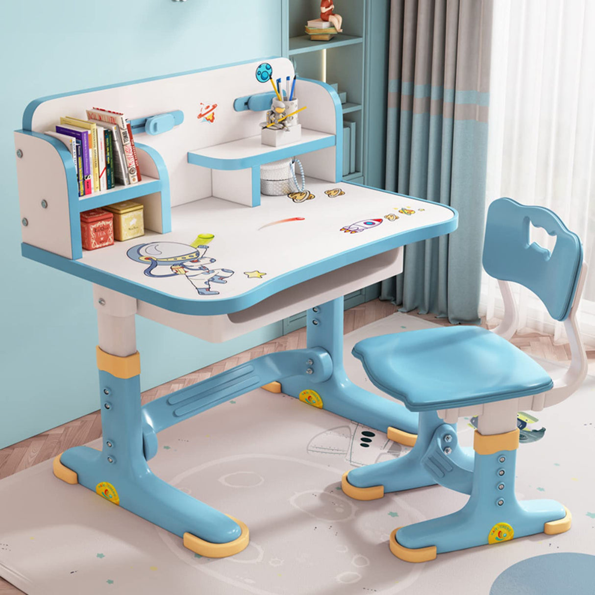 NUZYZ Kids Desk and Chair Set, Adjustable Height Children Study Table and Chair Set with Drawer, Cartoon Pattern Study Table for Toddlers 3-12 Years Blue NUZYZ