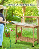 HDPS Outdoor Potting Bench with Sliding Tabletop/ 4 Wheels/Removable Sink, All-Weather Outside Garden Work Table, No Rust/Fade/Break, Potting Station for Porch, Patio & Backyard (Teak) ONBRILL