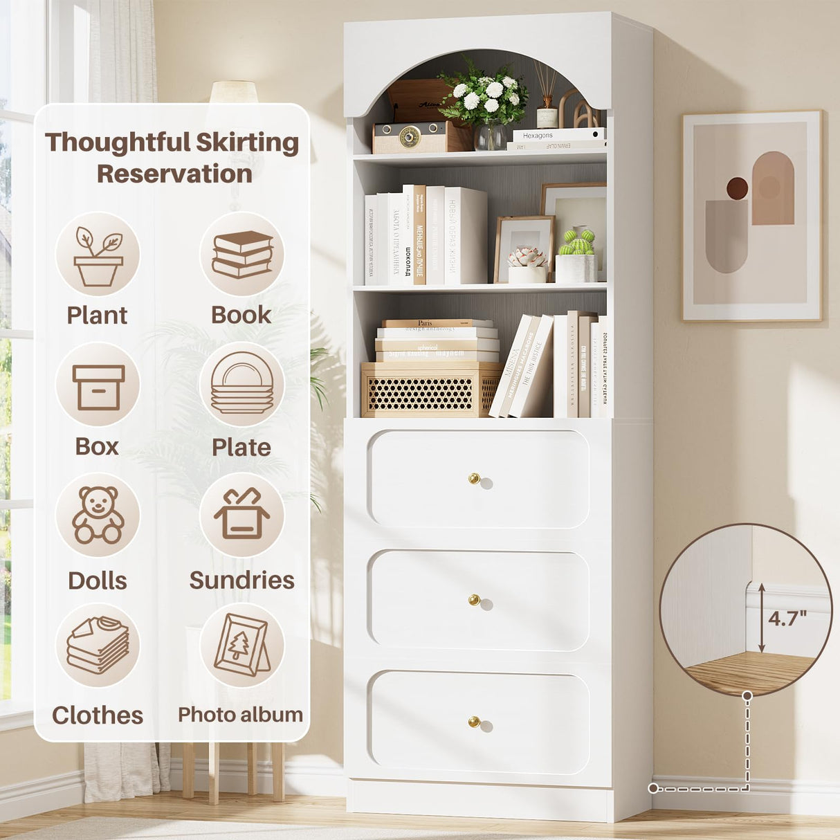 Cyclysio 80" Tall Bookshelf with 3 Drawers, Arched Bookcase with 3-Tier Open Shelves, Wooden Pantry Storage Organizer Cabinets with Seamless Fit Wall for Living Room, Kitchen, Bathroom (White) Cyclysio