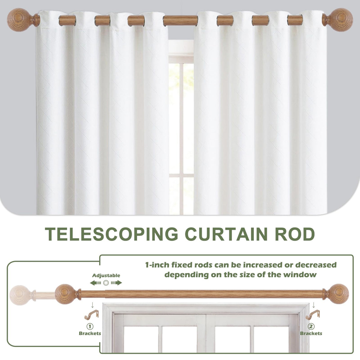 HTZON 2 Pack Wood Curtain Rods for Windows 28 to 48 Inch,1 Inch Wood Grain Ball Adjustable Curtain Rod,Boho Heavy Duty Curtain Rods,Farmhouse Rustic Window Curtains Rods,Brown Drapery Rods Set 18-45" HTZON