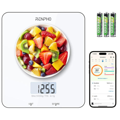 RENPHO Food Scale with Nutritional Calculator, Digital Kitchen Scale for Weight Loss, Smart Food Weight Scale with App for Macro Keto Calorie Cooking, Grams and Ounces, White, 11lb/5kg RENPHO