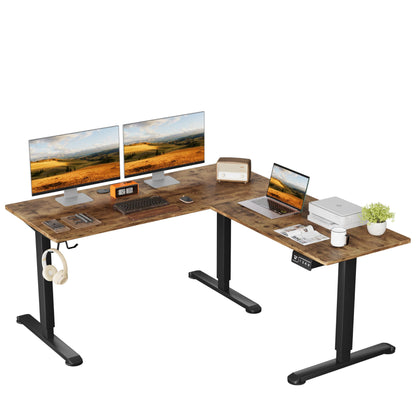 Shahoo L-Shaped Electric Standing Desk, 63 x 55 Inches Height Adjustable Coner Table, Home Office Computer Workstation, Rustic Brown, 63 x 55 Inch - WoodArtSupply