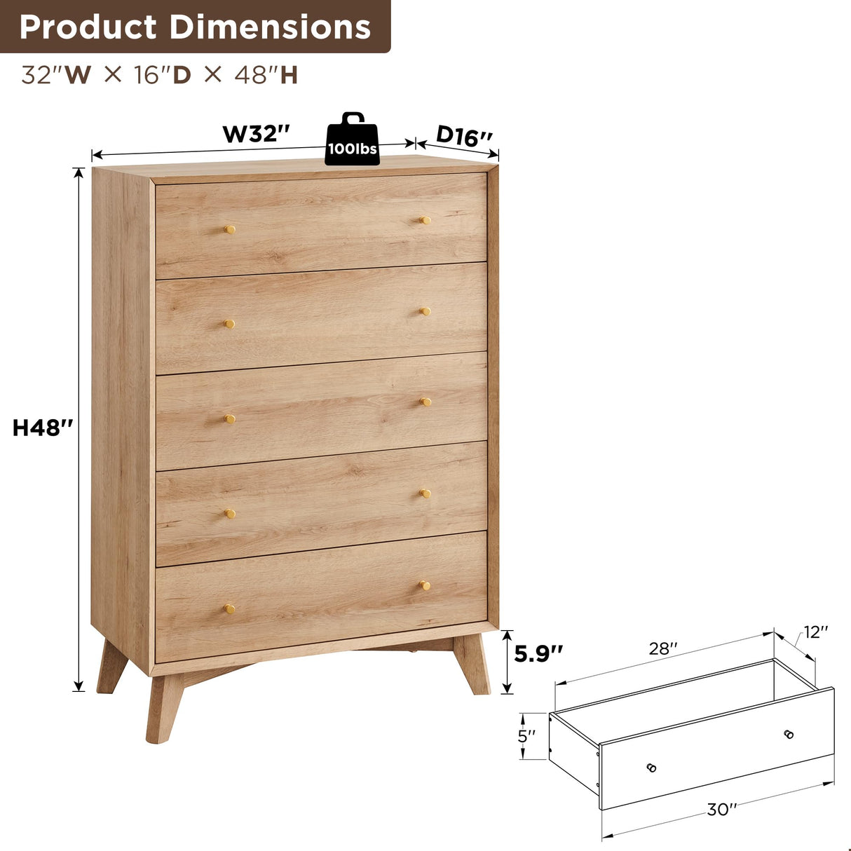 T4TREAM 5 Drawer Dresser for Bedroom, 48" Tall Mid-Century Modern Chest of Drawers, Beveled Profile Design, Wood Drawer Organizer for Bedroom, Living Room, Hallway and Entryway, Natural Oak T4TREAM