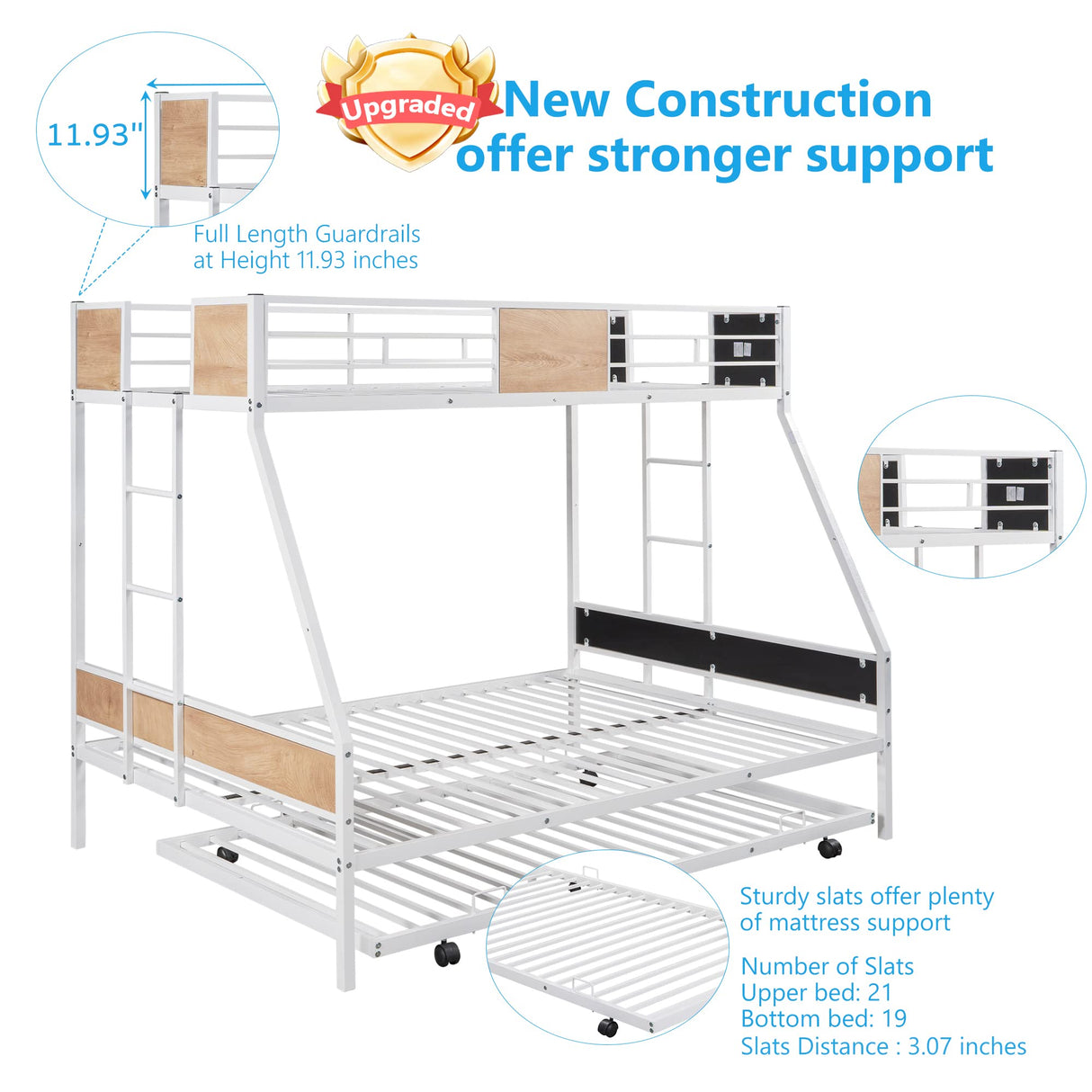 Olela Twin Over Full Metal Bunk Beds with Trundle Bed,Heavy Duty Metal Bed Frame with Safety Rail 2 Side Ladders for Boys Girls Adults,No Box Spring Needed (White Frame) Olela