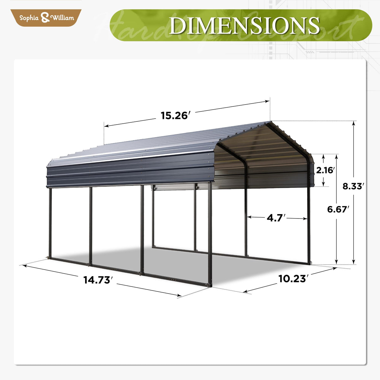 Sophia & William Carport Car Port Metal Canopy 10x15 ft Heavy Duty for Snow, Portable Garage Kit Shed Tent Shelter Metal Frame All Weather Outdoor for Boat with Anti-Leak Seam Taped, Dark Grey Sophia & William
