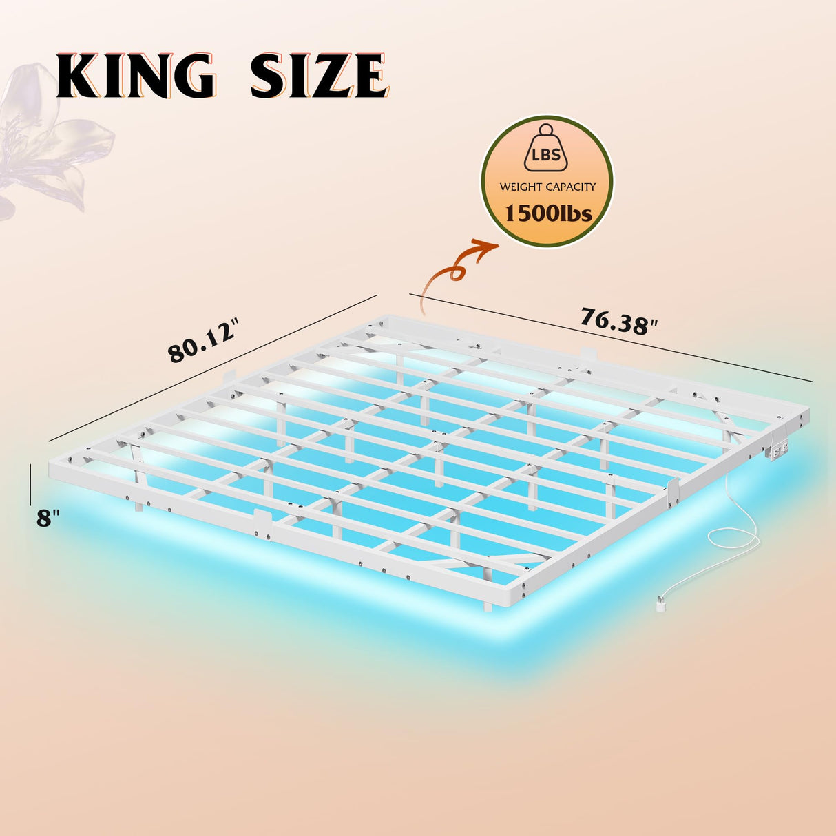 WLIVE Floating King Bed Frame, LED Bed Frame with Charging Station, Metal Platform Beds King Size with Heavy Duty Steel Slats, No Box Spring Needed, Easy Assembly, No Noise, White WLIVE