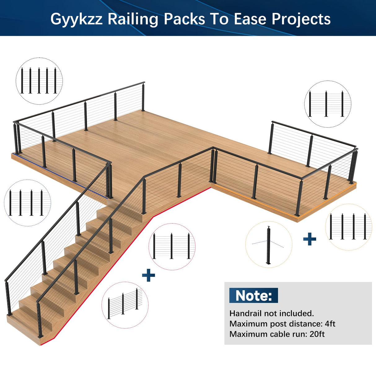 Gyykzz 36" One-Stop Cable Railing Post Kit, 4 Pack Level Drilled Line Post, Adjustable Top Cable Railing System Including 4 Railing Post, 165ft Cable, 10 Sets Terminal, 80 Cable Grommets (No Handrail) Gyykzz