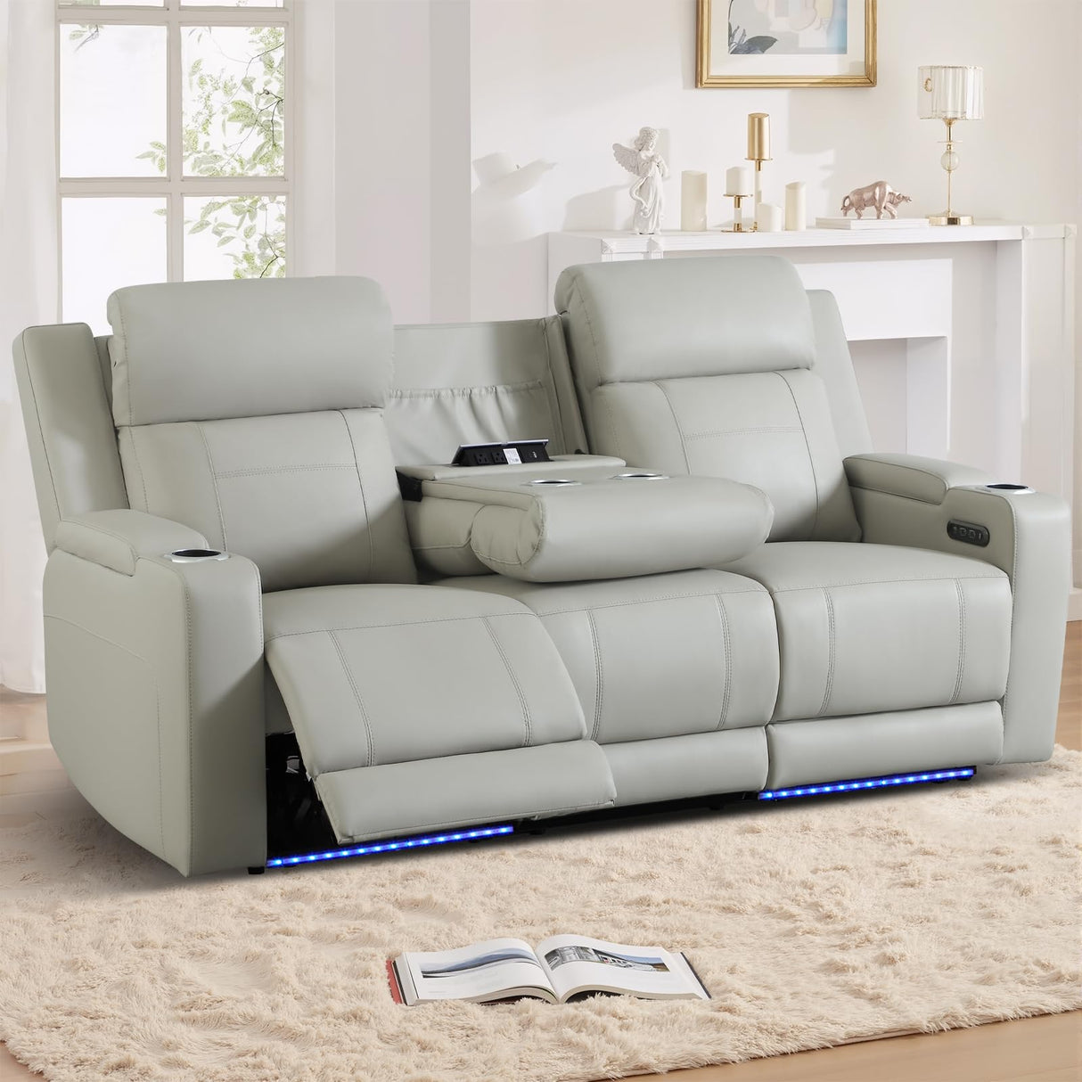 P.H.Furn Power Recliner Sofa, Home Theater Seating with Adjustable Headrest, Blue LED Lighting, Reclining Loveseat, Flip-Up Backrest Storage, Multi-Port Charger, Cup Holder, USB P.H.Furn