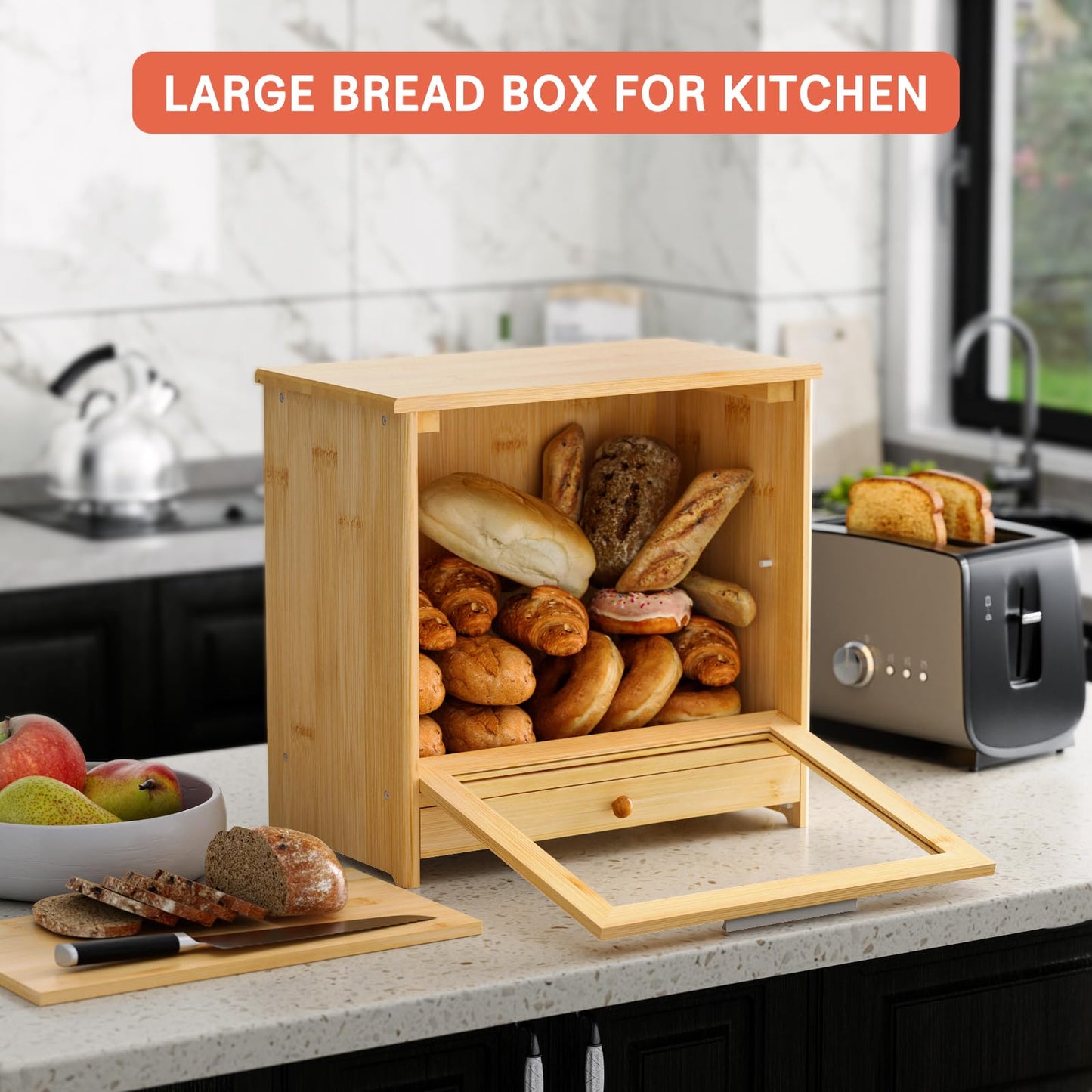 G.a HOMEFAVOR Bamboo Bread Box for Kitchen Counter: Large 2-Tier Bread Storage Container with Drawer for Homemade Bread, Farmhouse Bread Holder Food Bin with Window, Self-Assembly - WoodArtSupply