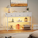 Furologee White Console Table with Charging Station & 3 Fabric Drawers, 38'' Entryway Table with Storage Shelves and LED Light, Industrial Foyer Table for Entry Way, Display Shelf for Hallway Furologee