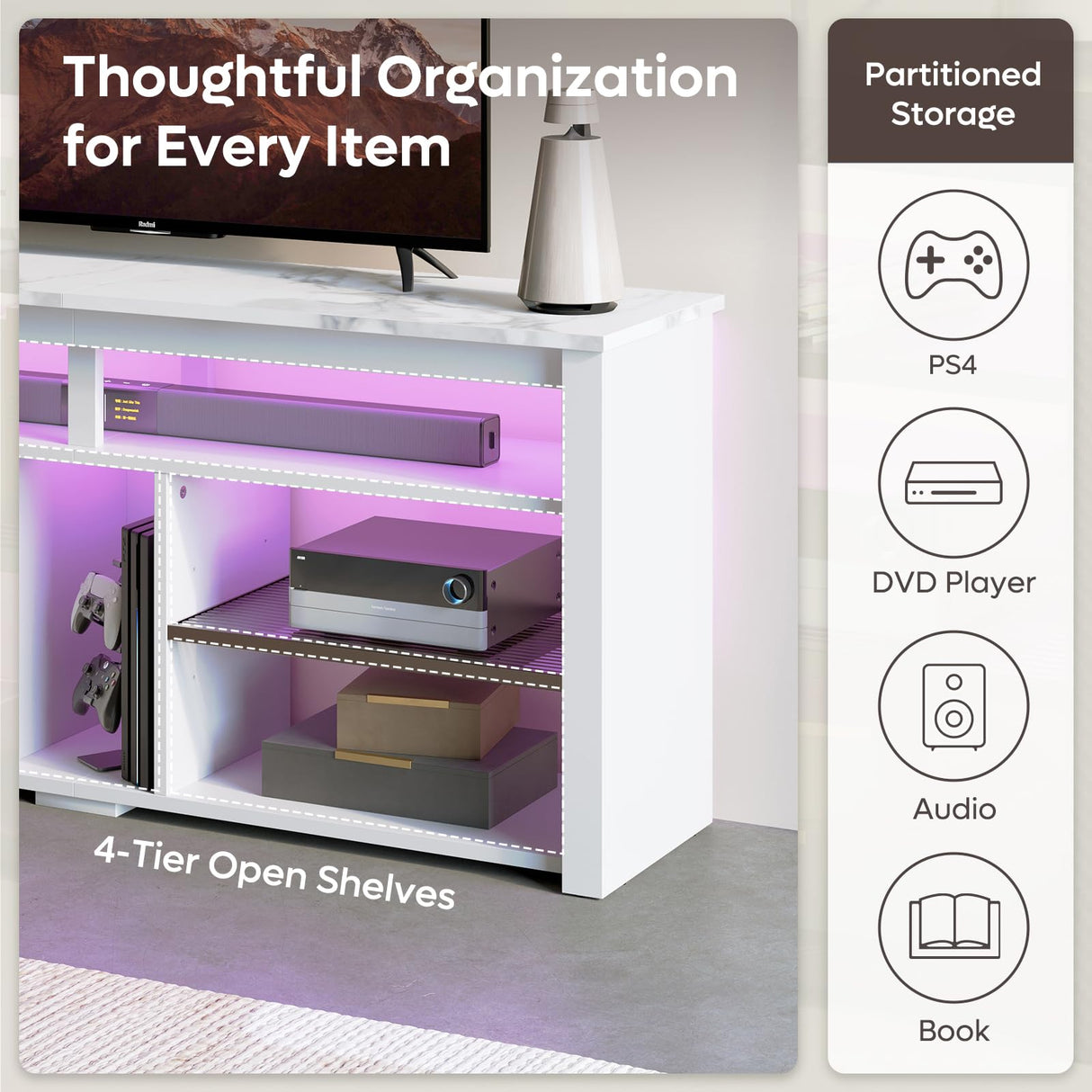 Bestier LED Tall Entertainment Center, 55 inch TV Stand for 55/60/65 inch TV, TV Console with Storage for PS5, Media TV Cabinet with Adjustable Shelf for Living Room, White Marble Bestier