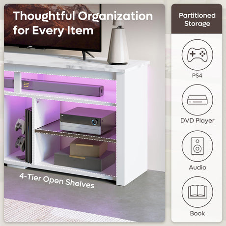 Bestier LED Tall Entertainment Center, 55 inch TV Stand for 55/60/65 inch TV, TV Console with Storage for PS5, Media TV Cabinet with Adjustable Shelf for Living Room, White Marble Bestier