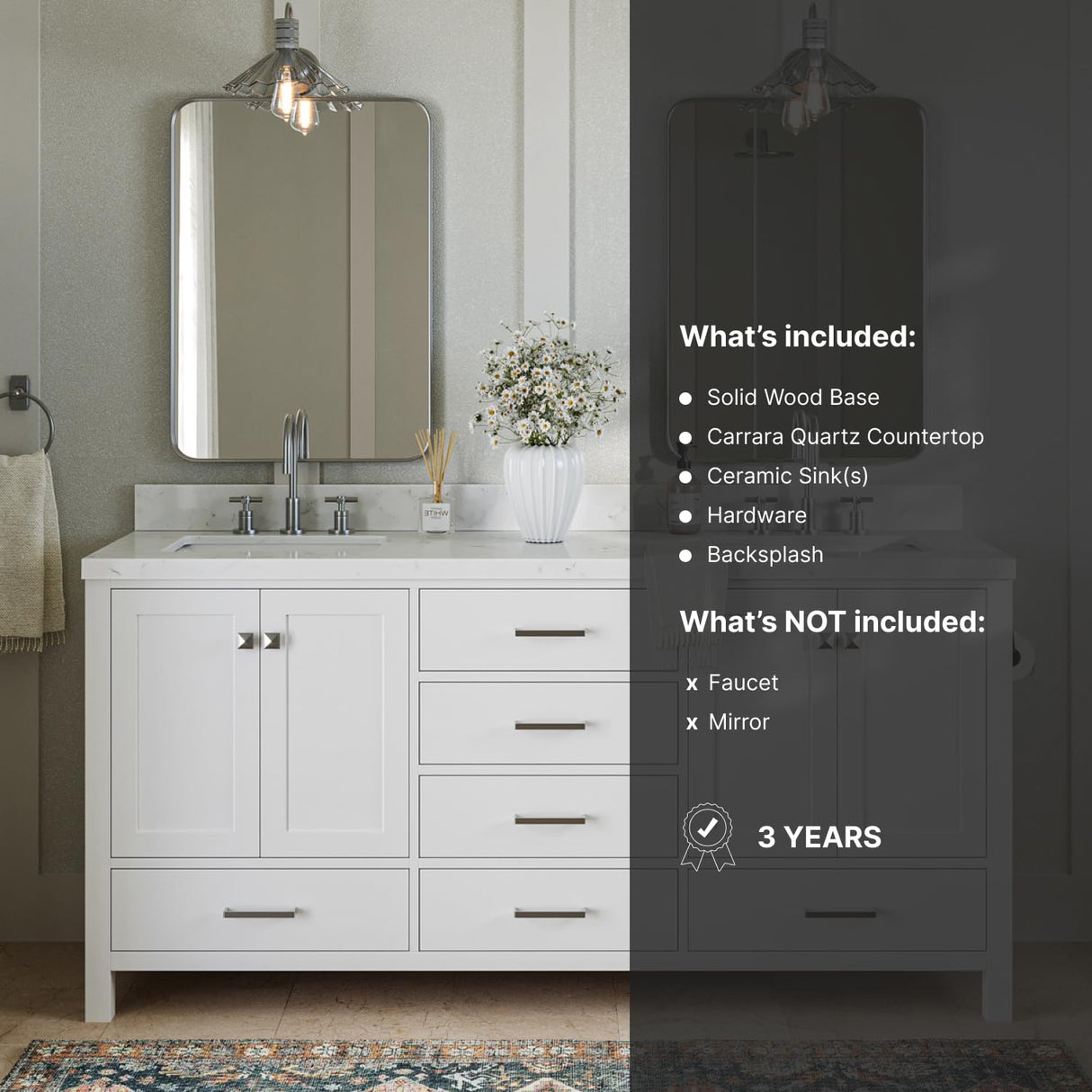 ARIEL Cambridge 72" White Double Vanity, 1.5" Edge Carrara White Quartz Countertop & Splash, Rectangular Sinks, 4 Soft Closing Doors, 6 Full Extension Dovetail Drawers, Brushed Nickel ARIEL