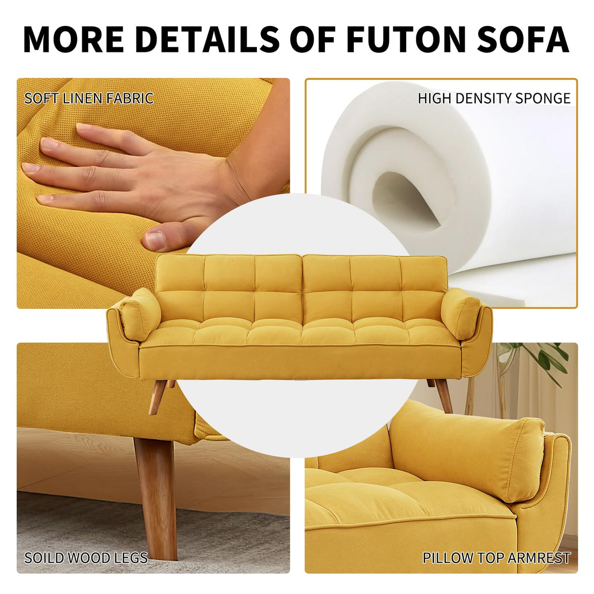 Homies Life Convertible Futon Sofa Bed, Linen Sleeper Couch, 75" W Modern 3 Seater Tufted Sofa with Adjustable Backrests and Solid Wood Legs for Small Spaces, Living Room, Bedroom, Golden Yellow Homies Life