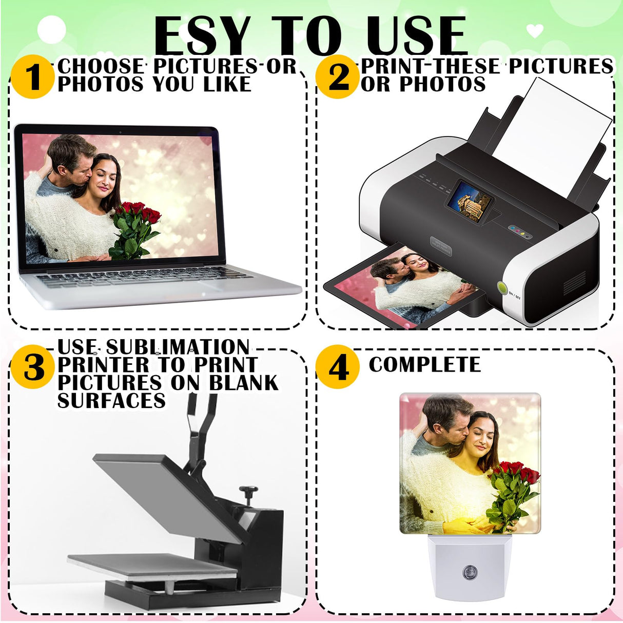 Tujoe 6 Pcs Valentine's Day Night Light Plug in Night Light Sublimation Plug into Wall with Light Sensor Flat Acrylic White LED Nightlight Craft for Wedding Bedroom Hallway Stairs Decor(Square) Tujoe