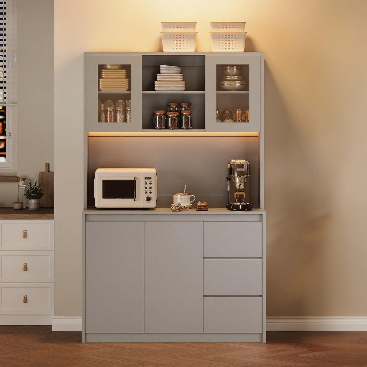 GarveeHome 71" Tall Kitchen Pantry Cabinet, Kitchen Storage Hutch with Led Lights and Power Outlets, Microwave Stand, Glass Door, Adjustable Shelves, Handless Design, Grey GarveeHome