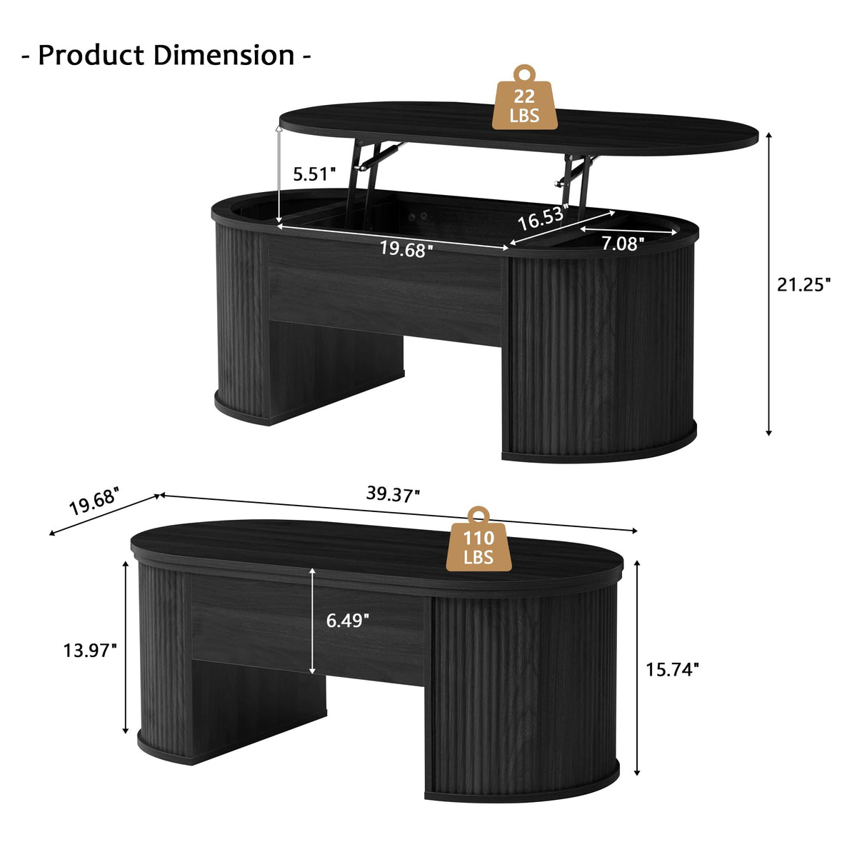 QHITTY Fluted Coffee Table with Lifting Top, Oval Wood Lift Top Coffee Table with Hidden Compartment, Mid Century Pull up Center Tables for Living Room, Office - Black QHITTY