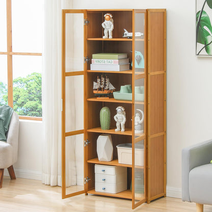 Magshion 6-Tier Bamboo Bookcase with Clear Doors for Versatile Storage Solutions in Brown - WoodArtSupply