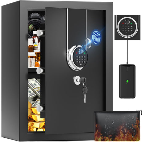 3.6 Cuft Biometric Fireproof Safe Box, Large Home Safes Fireproof Waterproof with Digital Programmable Keypad Keys, Dual Smart Alert, Security Fingerprint Fire Safe Box for Document Valuables Jewelry Povanje