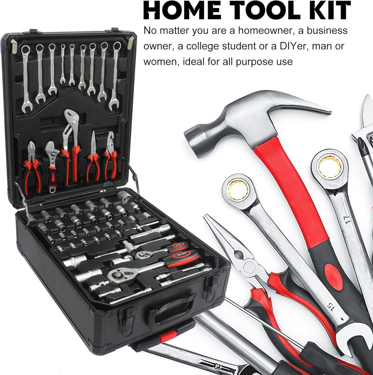 899 pcs Aluminum Trolley Case Tool Set, Removable Portable Hand Toolbox Set with 4 Drawers and Wheels for Household Repairs, Auto Maintenance, Construction, Garden (Black) Fetuero