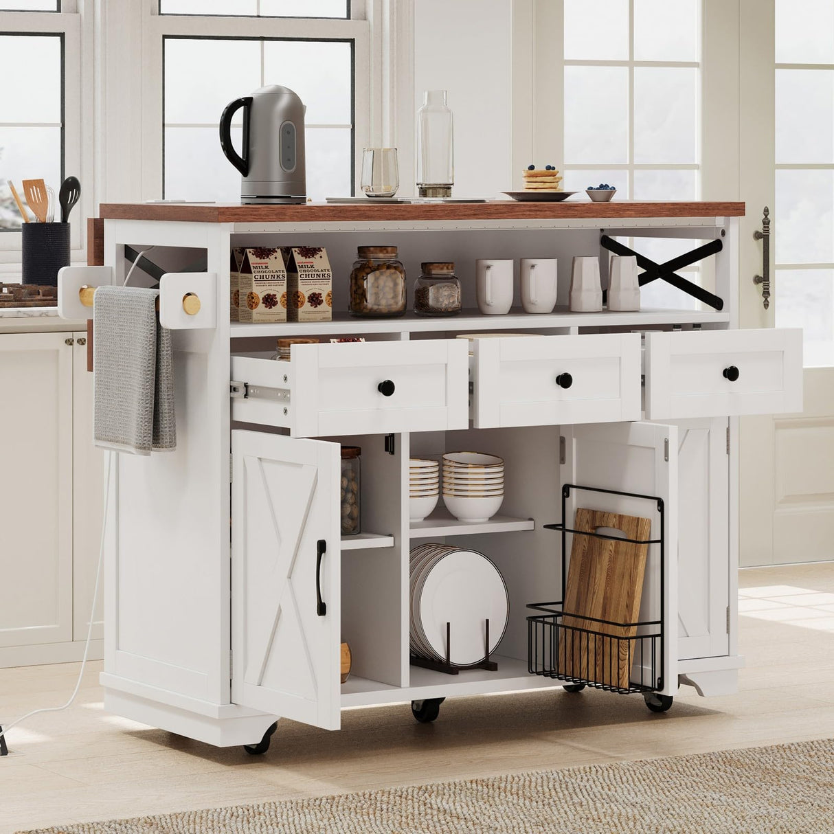 Farmhouse Kitchen Island with Beaded Drape, Rolling Kitchen Storage Cart on Wheels with Drop Leaf and Power Outlet, 3 Doors, 3 Drawers and Adjustable Shelves and Internal Storage for Dining Room MEETFAV