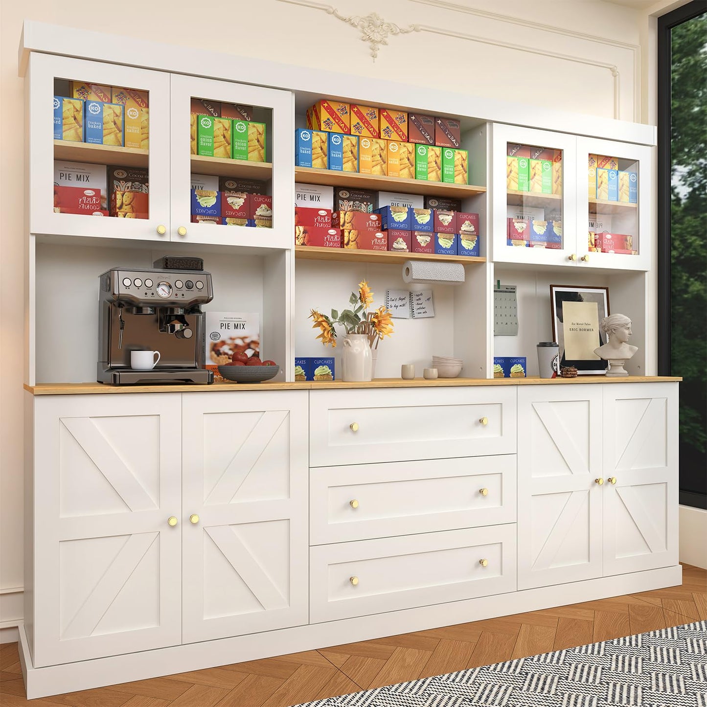 71" Tall Farmhouse Kitchen Pantry, Large Storage Cabinet with Glass Doors and Drawers, Freestanding Coffee Bar Hutch with Microwave Stand, Adjustable Shelves for Kitchen, Living Room, White 3 Pcs