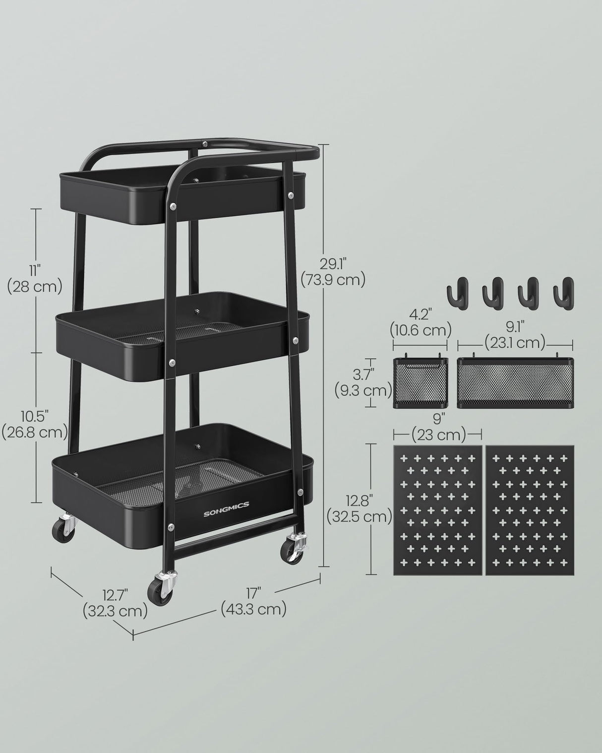 SONGMICS 3-Tier Storage Cart, Rolling Utility Cart, Metal Mesh Shelves, 2 Removable Pegboards, 2 Hanging Holders, 4 Hooks, Craft Cart for Living Room, Kitchen, Office, Bathroom, Ink Black ULRC037B01 SONGMICS