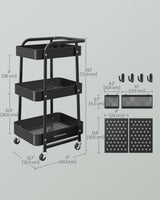 SONGMICS 3-Tier Storage Cart, Rolling Utility Cart, Metal Mesh Shelves, 2 Removable Pegboards, 2 Hanging Holders, 4 Hooks, Craft Cart for Living Room, Kitchen, Office, Bathroom, Ink Black ULRC037B01 SONGMICS