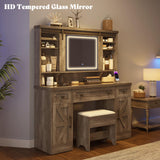 AMERLIFE 47.2" Farmhouse Vanity Desk with Mirror and Lights, Rustic Makeup Vanity Table with Charging Station, Vanity Set with Stool & Storage, LED Sliding Mirror & Glass Top, Dark Oak Finish AMERLIFE