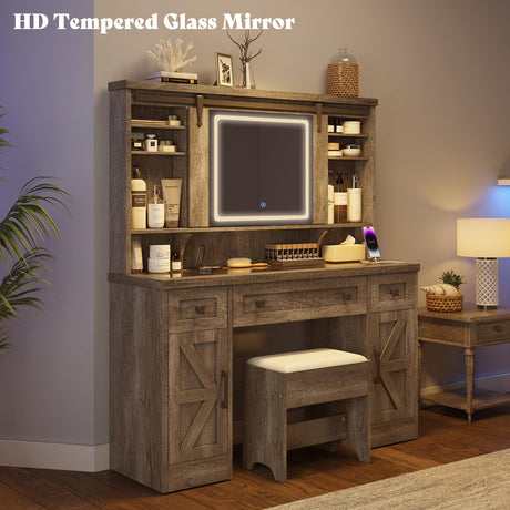 AMERLIFE 47.2" Farmhouse Vanity Desk with Mirror and Lights, Rustic Makeup Vanity Table with Charging Station, Vanity Set with Stool & Storage, LED Sliding Mirror & Glass Top, Dark Oak Finish AMERLIFE