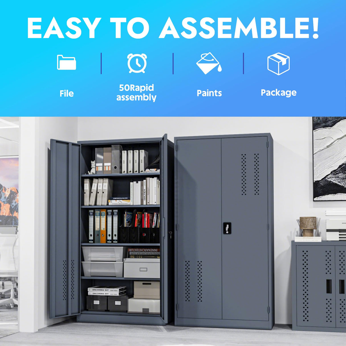 KAER Metal Garage Storage Locker 72" H Garage Cabinets with 2 Doors 4 Adjustable Shelves and Tool Board Tool Cabinets for Warehouse Basement Home Office - Assembly Required KAER