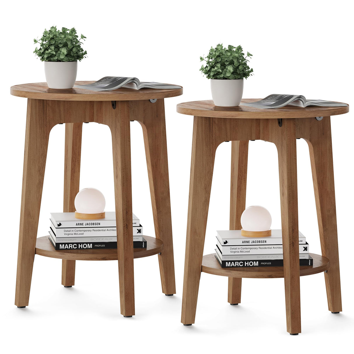 VASAGLE Side Tables, Set of 2, Small Round End Table with Lower Shelf, Nightstand for Small Spaces, Living Room, Bedroom, Rustic Walnut ULET289K01 VASAGLE