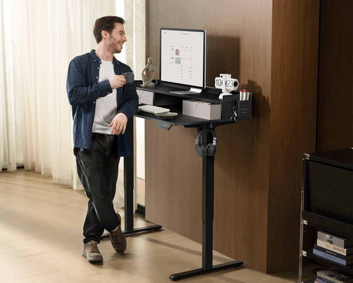 WALKINGDESK 55x24 Inches Electric Standing Desk with 2 Drawers, Height Adjustable Stand up Desk for Home Office, Ergonomic Sit to Stand Desk with Storage Shelf, DIY Board, Hooks, Black WALKINGDESK